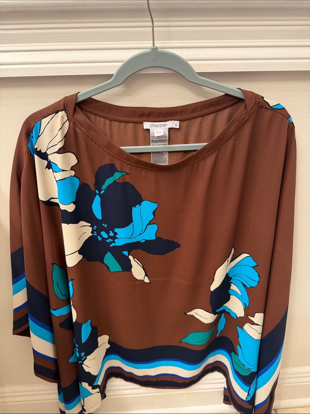 Chico's Brown Floral Scoop-Neck Poncho Top with Blue & Cream Blooms